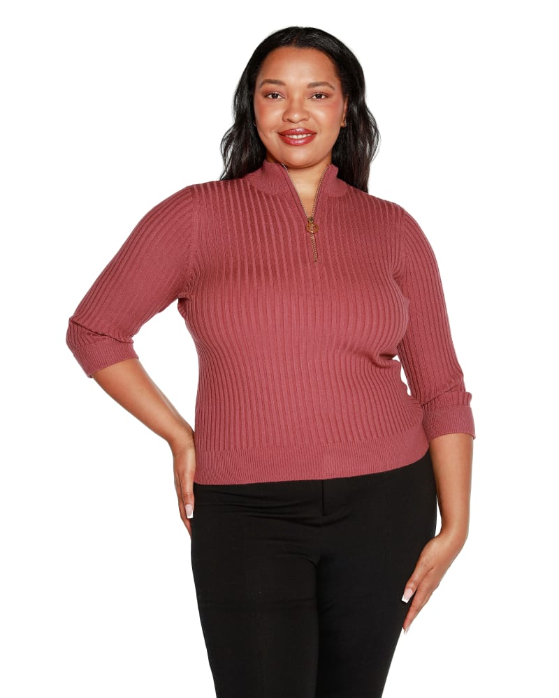 Front of a model wearing a size 3X Ribbed Quarter-Zip Sweater in Marsala Rose by Belldini Black Label. | dia_product_style_image_id:304723